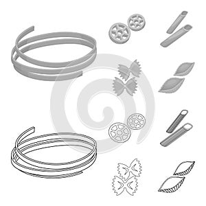 Different types of pasta. Types of pasta set collection icons in outline,monochrome style vector symbol stock