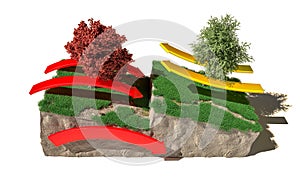 Different types of plate boundaries: convergent boundaries, terrain section, 3d render. photo