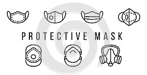 Different types of protective medical masks and respirators line icon set