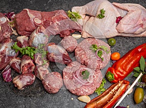 Different types of raw meat: beef, chicken, lamb, gilbert, pork, herbs, lettuce, garlic, cherry tomatoes, bell pepper, greenery