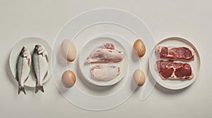 Different types of raw meat and eggs organized in plastic containers