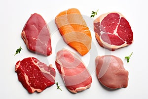 Different types of raw meat steaks. AI Generated