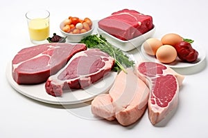 Different types of raw meat steaks. AI Generated