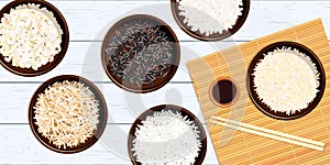 Different types of rice in bowls. Basmati, wild, jasmine, arborio, sushi. chopsticks.