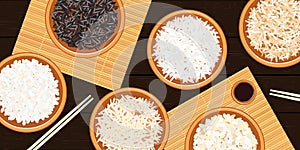 Different types of rice in bowls. Basmati, wild, jasmine, , sushi. chopsticks. mats, tureen