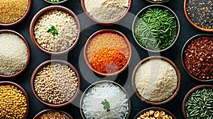 different types of rice in bowls, seen from above and arranged in a symmetrical and orderly way,