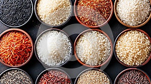 different types of rice in bowls, seen from above and arranged in a symmetrical and orderly way,