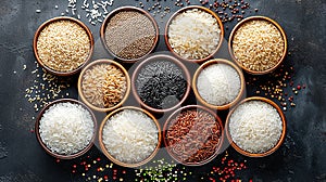 different types of rice in bowls, seen from above and arranged in a symmetrical and orderly way,