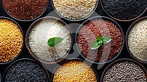 different types of rice in bowls, seen from above and arranged in a symmetrical and orderly way,