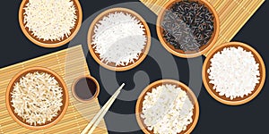 Different types of rice in ceramic bowls. Basmati, wild, jasmine, long brown, arborio, sushi. chopsticks. Kitchen bamboo mat