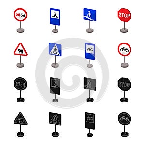 Different types of road signs black,cartoon icons in set collection for design. Warning and prohibition signs vector