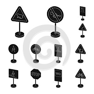 Different types of road signs black icons in set collection for design. Warning and prohibition signs vector symbol