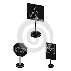 Different types of road signs black icons in set collection for design. Warning and prohibition signs vector symbol