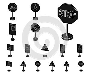 Different types of road signs black icons in set collection for design. Warning and prohibition signs vector symbol