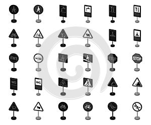 Different types of road signs black,monochrome icons in set collection for design. Warning and prohibition signs vector