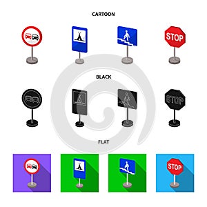 Different types of road signs cartoon,black,flat icons in set collection for design. Warning and prohibition signs