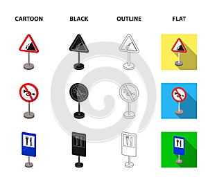 Different types of road signs cartoon,black,outline,flat icons in set collection for design. Warning and prohibition