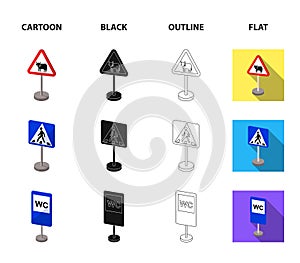 Different types of road signs cartoon,black,outline,flat icons in set collection for design. Warning and prohibition