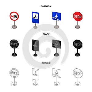 Different types of road signs cartoon,black,outline icons in set collection for design. Warning and prohibition signs