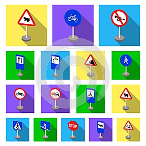 Different types of road signs flat icons in set collection for design. Warning and prohibition signs vector symbol stock