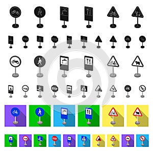 Different types of road signs flat icons in set collection for design. Warning and prohibition signs vector symbol stock