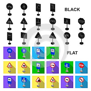 Different types of road signs flat icons in set collection for design. Warning and prohibition signs vector symbol stock