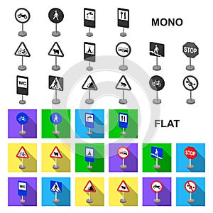 Different types of road signs flat icons in set collection for design. Warning and prohibition signs vector symbol stock