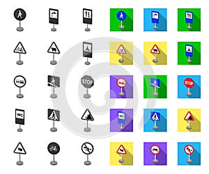 Different types of road signs mono,flat icons in set collection for design. Warning and prohibition signs vector symbol