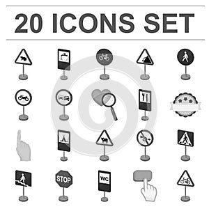 Different types of road signs monochrome icons in set collection for design. Warning and prohibition signs vector symbol