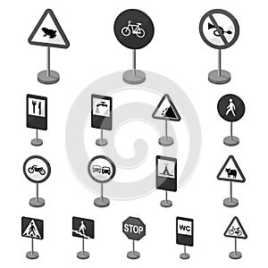 Different types of road signs monochrome icons in set collection for design. Warning and prohibition signs vector symbol