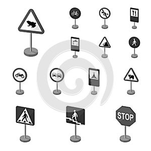 Different types of road signs monochrome icons in set collection for design. Warning and prohibition signs vector symbol