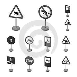 Different types of road signs monochrome icons in set collection for design. Warning and prohibition signs vector symbol