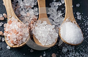 Different types of salt. Top view on three wooden spoons