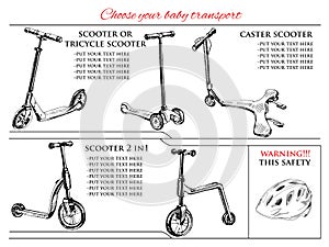 Different types scooters and balance bike