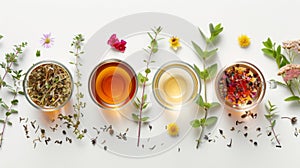 Different types of tea in glass cups with dry tea leaves and flowers on white background