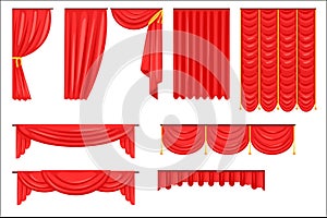 Different Types Of Theatrical Stage Curtain And Drapes In Red Velour Vector Collection