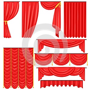 Different Types Of Theatrical Stage Curtain And Drapes In Red Velour Vector Collection