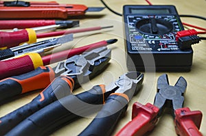 Different types of tools screwdrivers, pliers, nippers photo