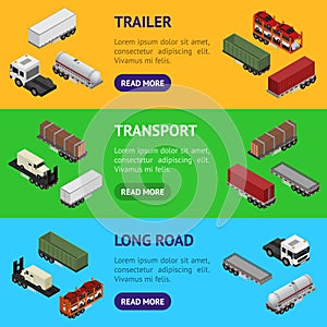 Different Types Trailers 3d Banner Horizontal Set Isometric View. Vector