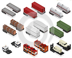 Different Types Trailers 3d Icons Set Isometric View. Vector