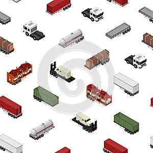Different Types Trailers Seamless Pattern Background 3d Isometric View. Vector
