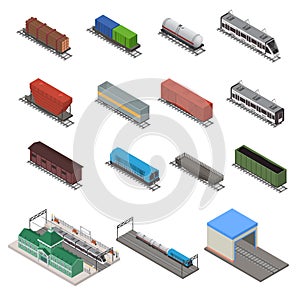 Different Types Train 3d Icons Set Isometric View. Vector