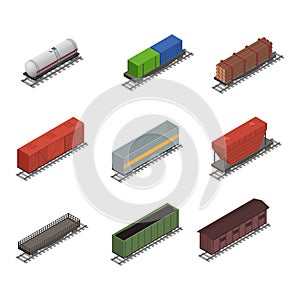 Different Types Train 3d Icons Set Isometric View. Vector