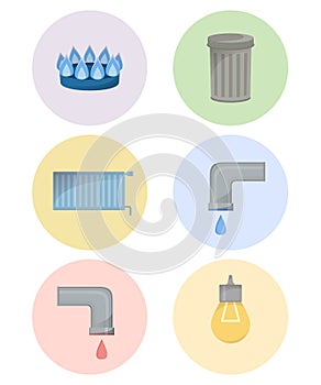 Different types of utilities, facilities icon set, municipal services illustration, cold and hot water, trash, gas