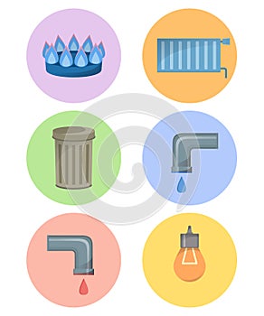 Different types of utilities, facilities icon set, municipal services illustration, cold and hot water, trash, gas