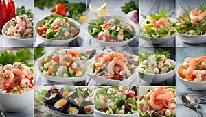Different types of vegetable and seafood salads