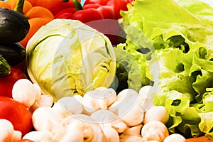 Different macro types of vegetables on the kitchen table. Top view and selective focus
