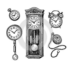 Different types of vintage clocks.