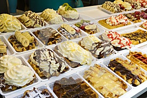 Different types of waffle in a shop