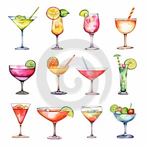 different types of watercolor martini cocktail clipart generative AI